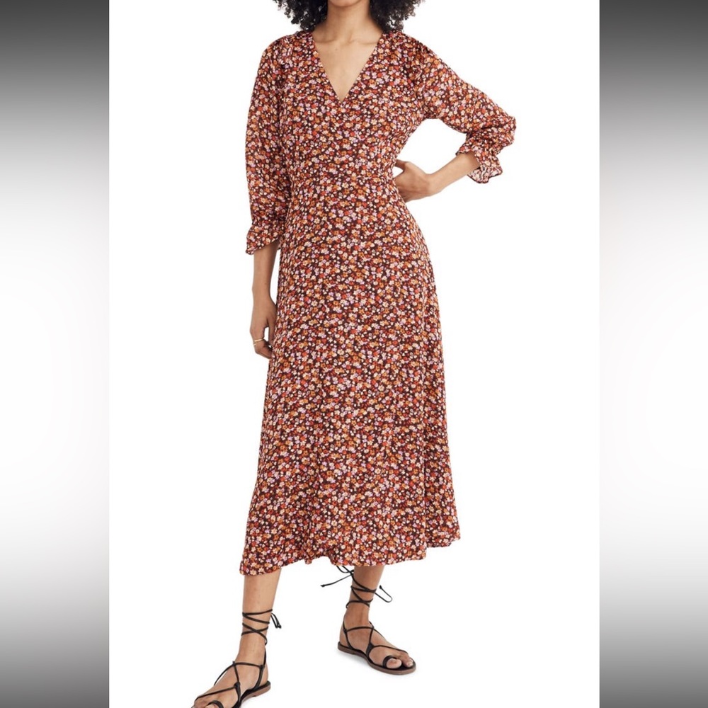 Madewell Floral Ruffle Sleeve Crossover MIDI Dress, XS